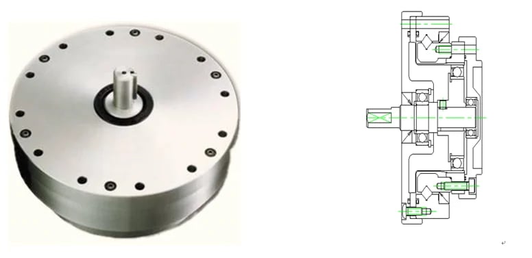 Cylindrical metal mechanical component with mounting holes and central shaft alongside technical schematic diagram