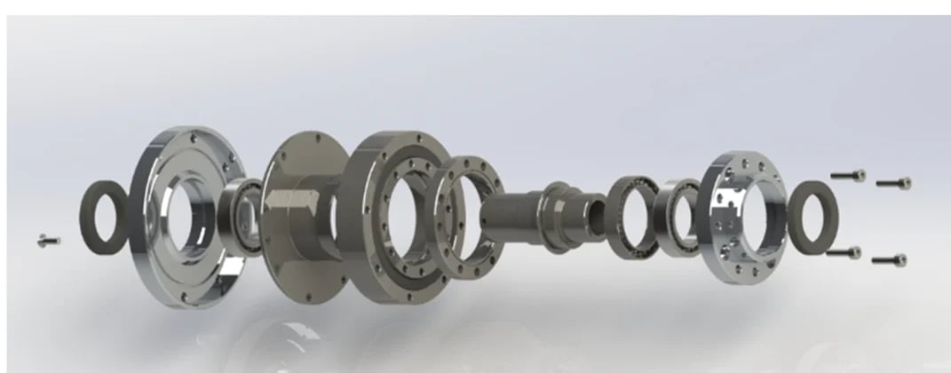 Exploded view of car transmission gears and components arranged in assembly sequence