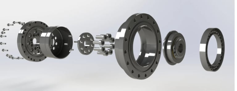 Exploded view diagram of industrial clutch assembly showing separated metal components and parts