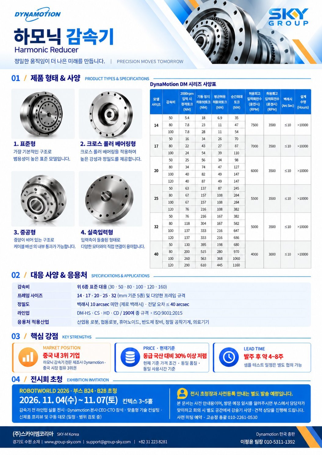 DynaMotion automotive clutch product brochure showing types, specifications, and applications in Korean and English